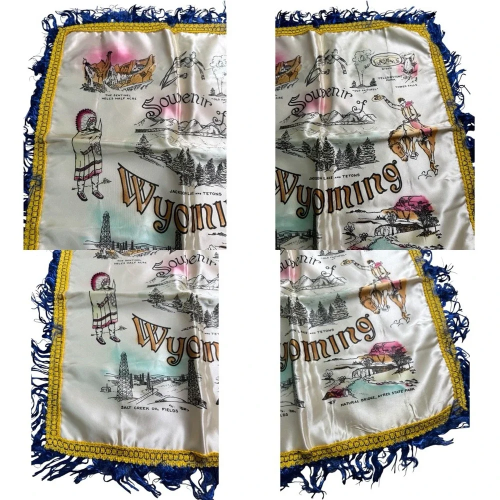 Vintage Wyoming Souvenir Satin Pillow Cover Fringe Yellowstone Western 50's 60's